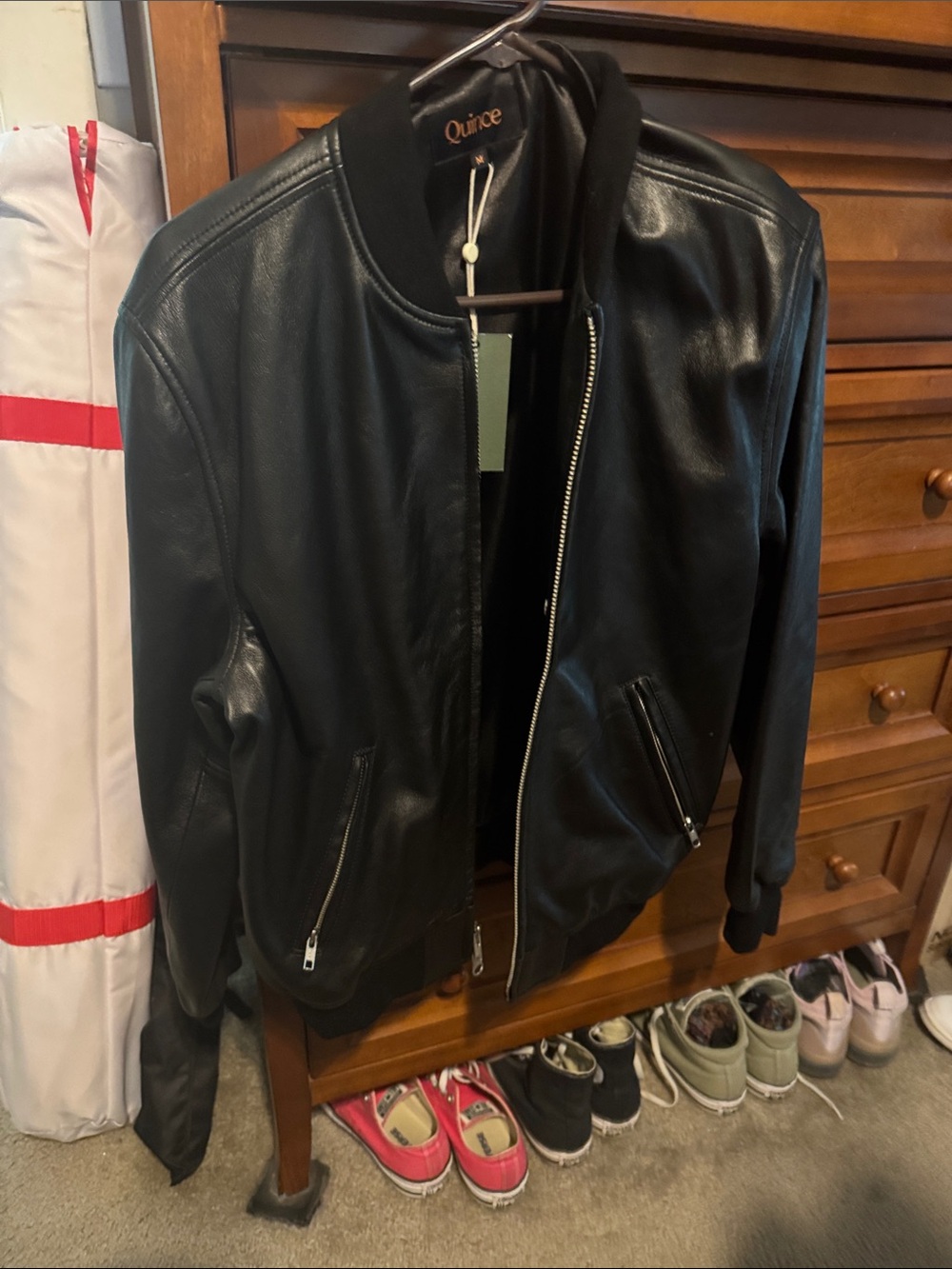 Quince Men's Black Leather Bomber Jacket with Ribbed Trim